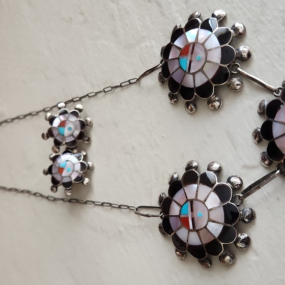 Native American Zuni Vintage Sunface Inlaid Necklace & Earrings Set 💙☀️🖤 - Picture 12 of 16